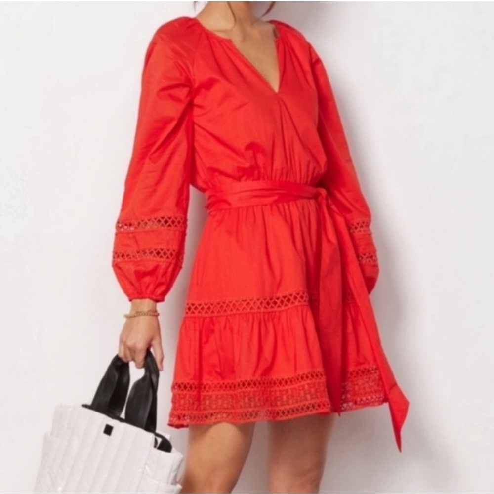Evereve Juliana Long Sleeve Mini Dress Cayenne Red Belt Lace Pockets Small Boho